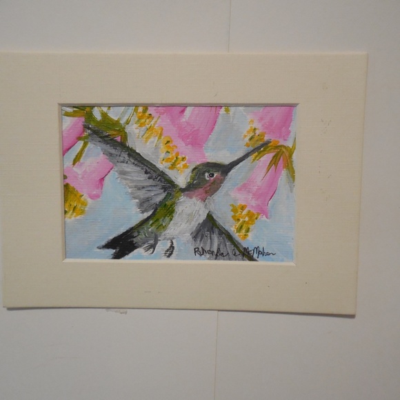 Rhonda Anne McMahon...artist Other - Hummingbird Pink Nectar Flowers Watercolor HAND CRAFTED Painting
